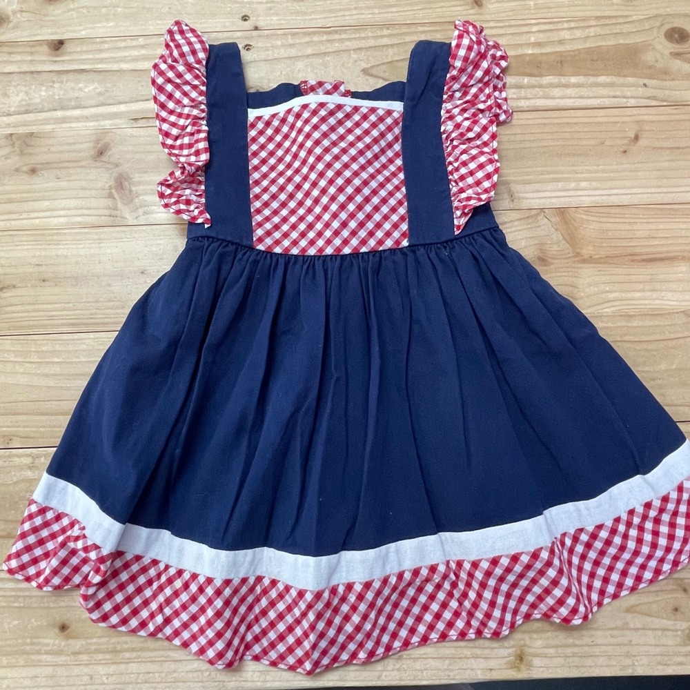Ricrac‎ & Ruffles Girls Navy Red Gingham Ruffle Dress Patriotic 3T